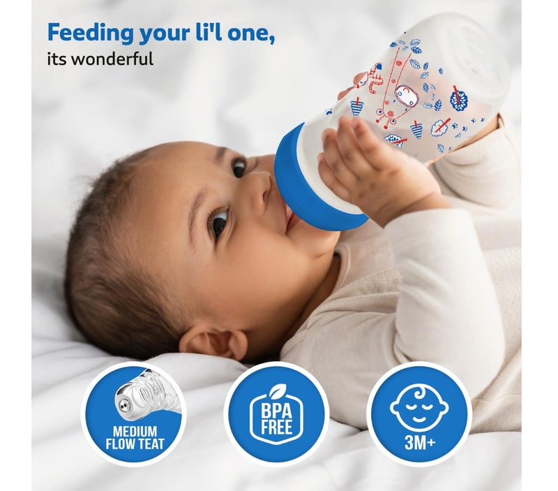 LuvLap Anti-Colic Slim/Regular Neck Essential Baby Plastic Feeding Bottle, 250Ml (Pack of 2), New Born/Infants/Toddler Upto 3 Years, Jungle Tales & Wild Flowers, BPA Free,Blue - Image 4