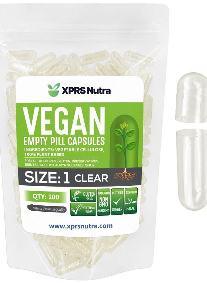 XPRS Nutra - Size 1 Empty Capsules - 100 Count Clear Empty Vegan Capsules - Vegetarian Empty Pill Capsules- DIY Vegetable Capsule Filling- Veggie Pill Capsules Empty Caps - Image 1