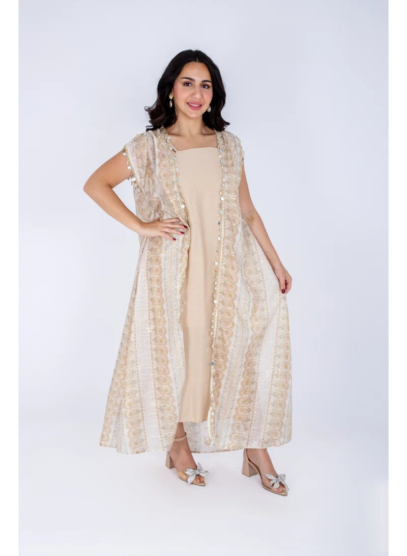 IKKXA Modern Sleeveless Arabisque Jalabiya IK6019 Beige