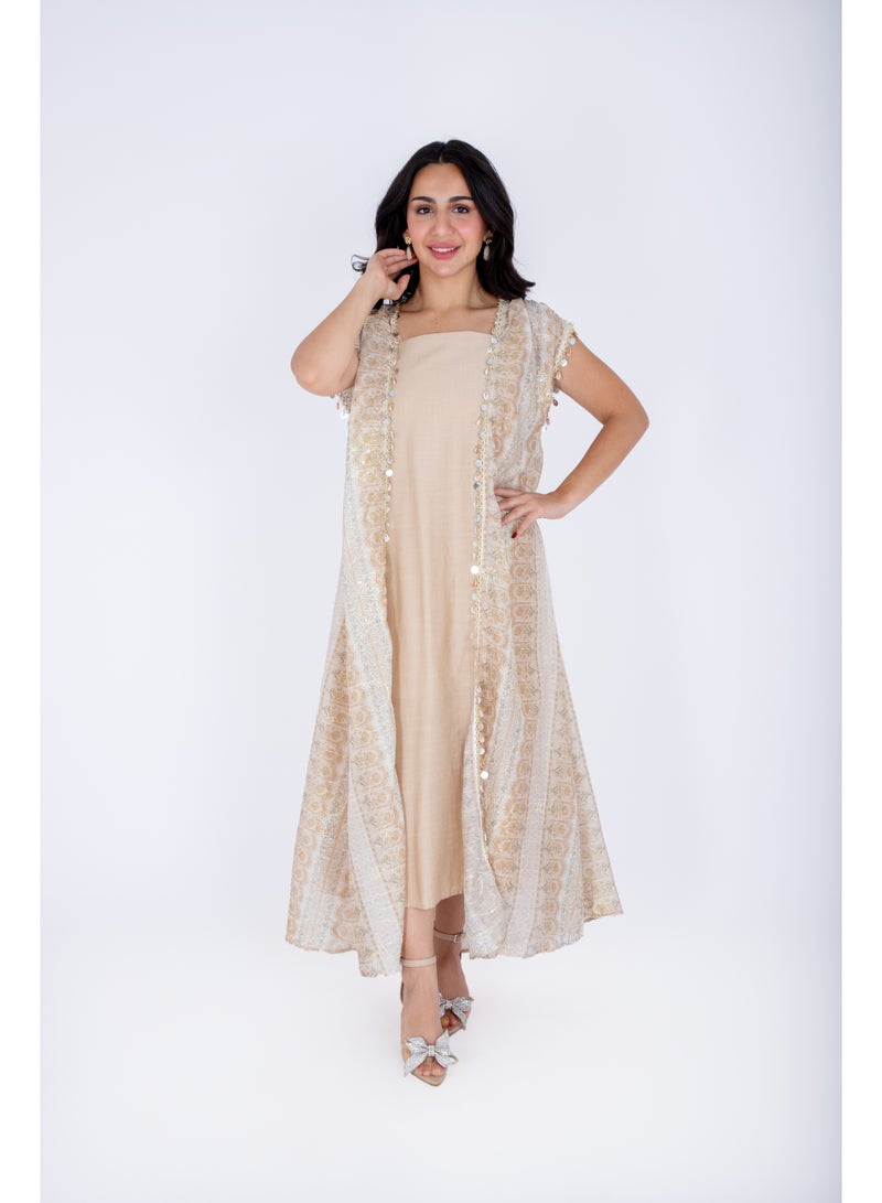 IKKXA Modern Sleeveless Arabisque Jalabiya IK6019 Beige - Image 4