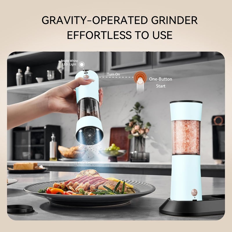 CULINARY FUN Gravity Electric Salt and Pepper Grinder Set 2-Pack - USB-C Rechargeable Base, Auto LED Light for BBQ/Camping, Adjustable Coarseness & Large Capacity - Stainless Steel (Morning Haze) - Image 2