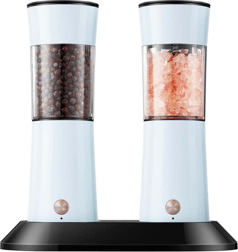 CULINARY FUN Gravity Electric Salt and Pepper Grinder Set 2-Pack - USB-C Rechargeable Base, Auto LED Light for BBQ/Camping, Adjustable Coarseness & Large Capacity - Stainless Steel (Morning Haze) - Image 1