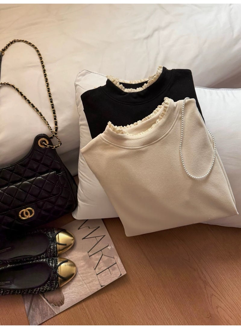 women's long-sleeved basic shirts with lace trim, comfortable and skin-friendly, slim-fit inner wear, soft and stretchy round-neck tops, classic and simple slim-fit design, versatile essential items, suitable for various occasions, white - Image 2