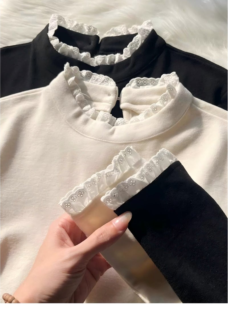 women's long-sleeved basic shirts with lace trim, comfortable and skin-friendly, slim-fit inner wear, soft and stretchy round-neck tops, classic and simple slim-fit design, versatile essential items, suitable for various occasions, white - Image 3