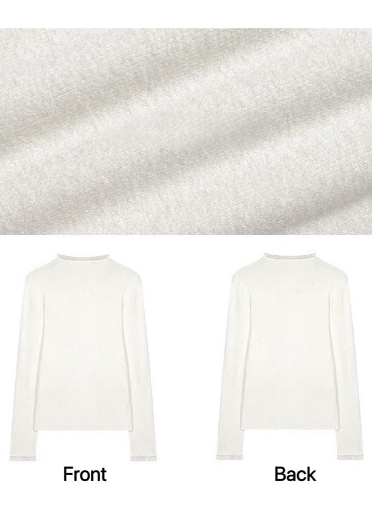 women's long-sleeved basic shirts with lace trim, comfortable and skin-friendly, slim-fit inner wear, soft and stretchy round-neck tops, classic and simple slim-fit design, versatile essential items, suitable for various occasions, white - Image 5