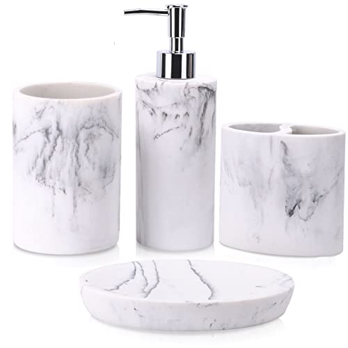 ZCCZ Bathroom Accessory Set, 4 Pcs Marble Look Bathroom Vanity Countertop Bathroom Décor Sets Accessories with Soap Dispenser, Toothbrush Holder Set, Tumbler, Soap Dish - Image 1
