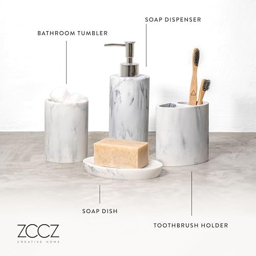 ZCCZ Bathroom Accessory Set, 4 Pcs Marble Look Bathroom Vanity Countertop Bathroom Décor Sets Accessories with Soap Dispenser, Toothbrush Holder Set, Tumbler, Soap Dish - Image 5