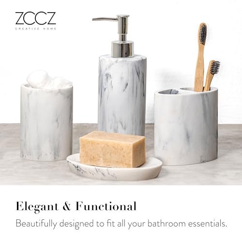 ZCCZ Bathroom Accessory Set, 4 Pcs Marble Look Bathroom Vanity Countertop Bathroom Décor Sets Accessories with Soap Dispenser, Toothbrush Holder Set, Tumbler, Soap Dish - Image 2