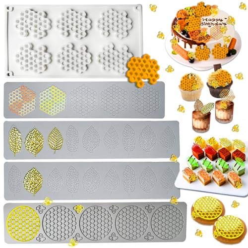 Acxydm 5PCS Tuile Molds Silicone Honeycomb Leaf Baking Mold,Acxydm Honeycomb Mold Silicone and Leaves, Fondant Molds with Bee Silicone and Leaf Mold, 3D Chocolate Molds Set for Making Sugar Craft,Cupcakes - Image 1