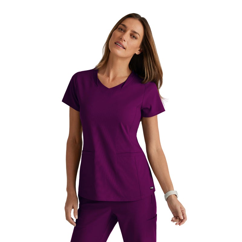 BARCO Greyâ€™s Anatomy Spandex Stretch Direct Bolt Scrub Top for Women â€“ Wine, 3-Pocket V-Neck Shirt w/Spandex Stretch, Wrinkle Release & Soil Release Fabric â€“ Medium, Regular Fit - Image 1