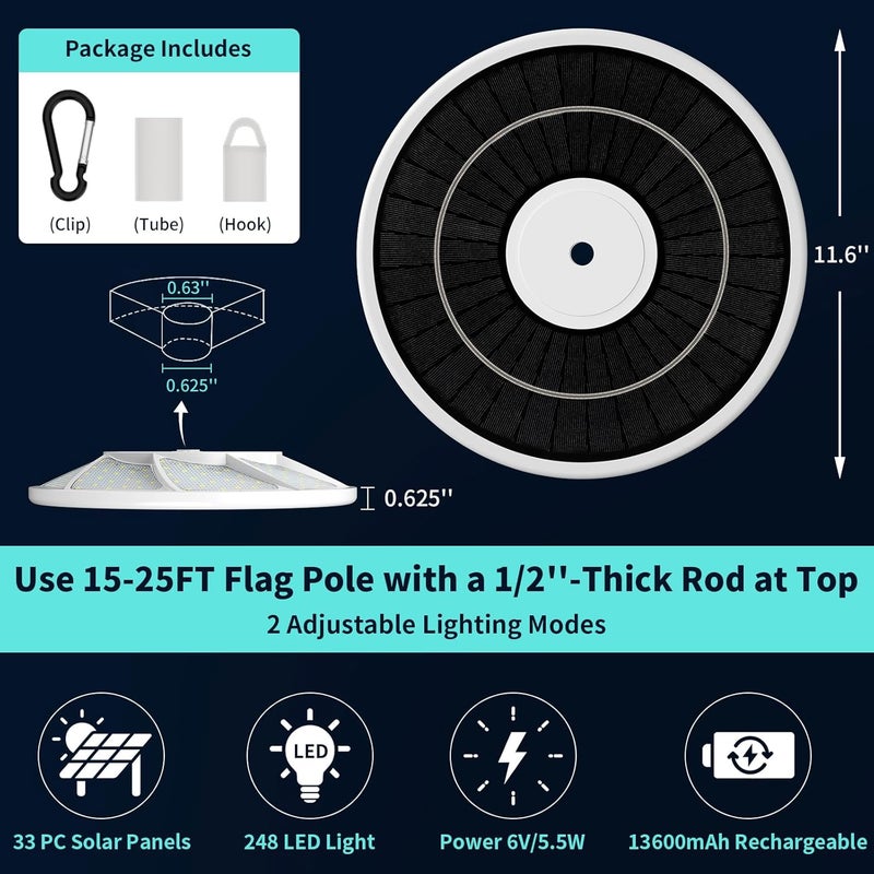 Hoople Solar Flag Pole Light, 248 LED Super Bright, Auto On/Off Dusk-to-Dawn, IP65 Waterproof, for Most 15-25 Ft In-Ground Flagpoles - Image 5