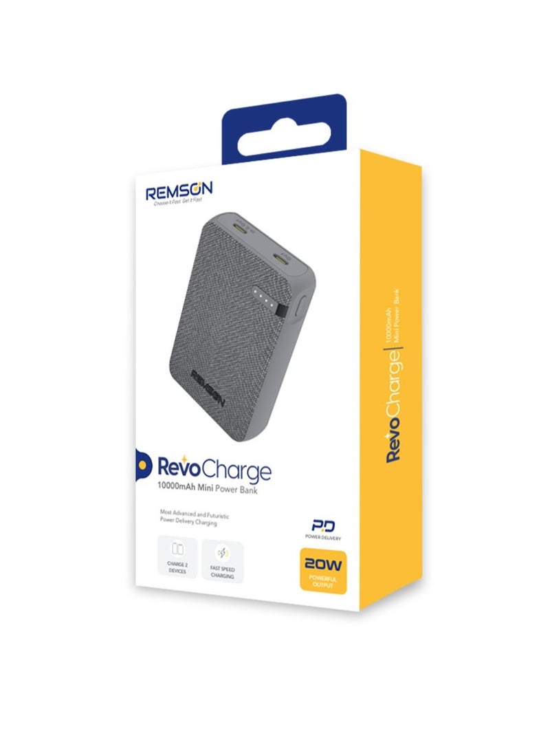 Remson Remson Revo Charge 10000mAh Mini Power Bank 20W Power Delivery Dual USB-C Output with Leather Exterior Design Compatible for iPhone Tablet Samsung - Gray - Image 4