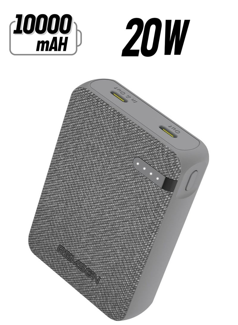 Remson Remson Revo Charge 10000mAh Mini Power Bank 20W Power Delivery Dual USB-C Output with Leather Exterior Design Compatible for iPhone Tablet Samsung - Gray - Image 1