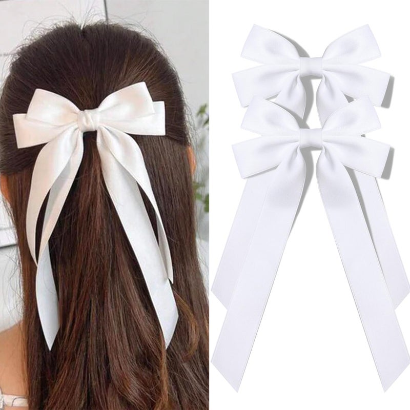 2PCS White Satin Hair Ribbon Clips Ponytail Holders Alligator Clips for Girls Toddlers Teens and Kids