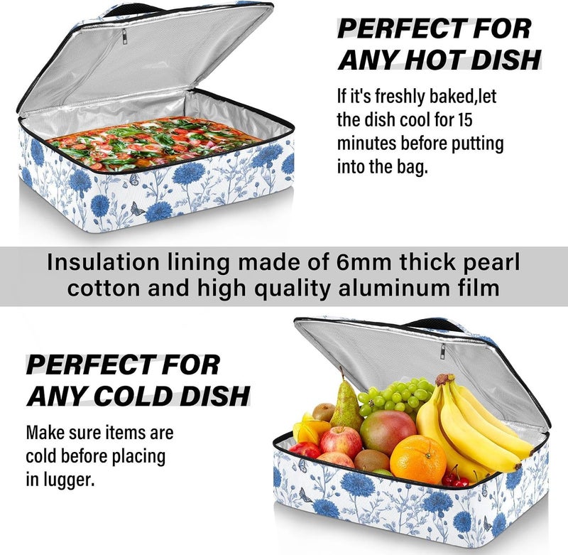 ElliTarr Casserole Carrier Insulated Casserole Dish Carrier Thermal Food Warmer Bag Lasagna Holder Lugger Tote Potluck Containers for Travel Picnic Party Blue Vintage Cornflowers and Butterflies - Image 5