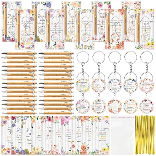ANGOLIO 230 Spanish Christian Floral Religious Gifts Bulk Easter Gift Regalos Bookmarks Cristianos En Espaol Bible Verse Bamboo Pen Keychain Inspirational Bookmark Gift for Teacher Church Favor - Image 1