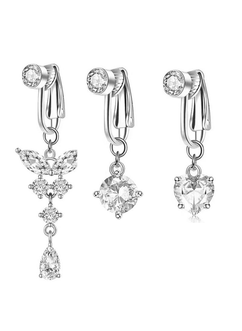 3pcs silvery fake belly Piercing ring set body jewelry set  piercing free Navel Ring set butterfly non piercing belly ring for Women  Clip On Belly Button Rings  for girls party graduation birthday wedding gifts  - Image 1