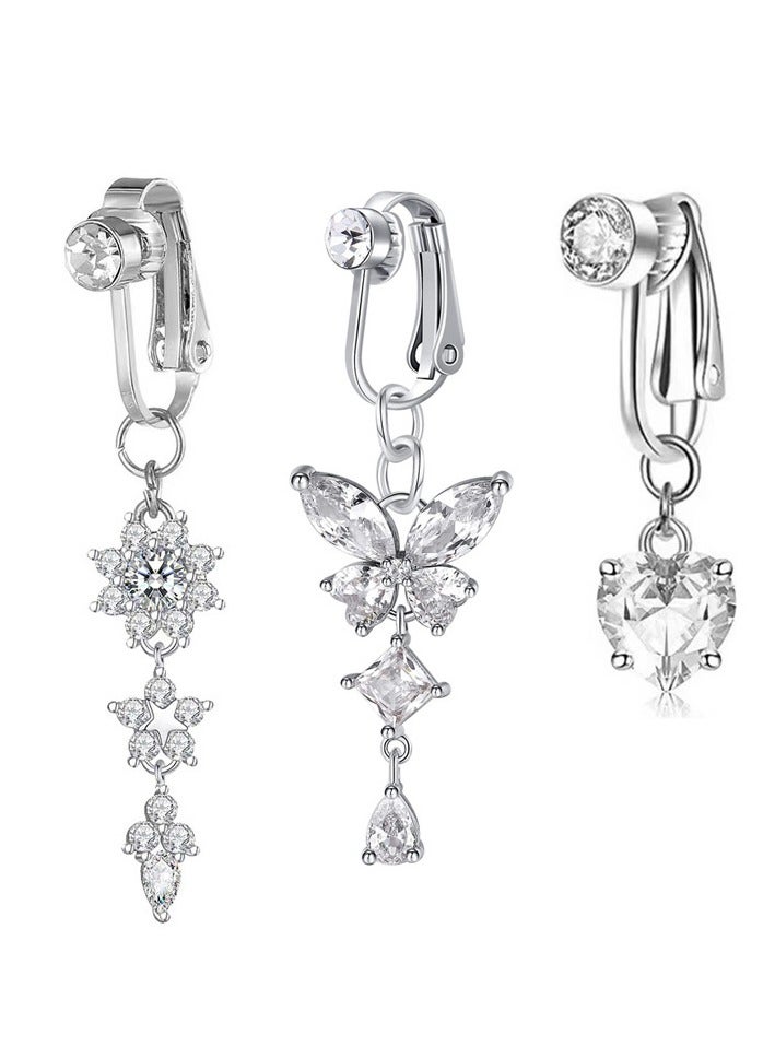 Innoshine 3pcs  fake belly ring silver  belly button rings for women  piercing free Navel Ring set butterfly non piercing belly ring for Women  Clip On Belly Button Rings  for girls party graduation birthday wedding gifts - Image 1