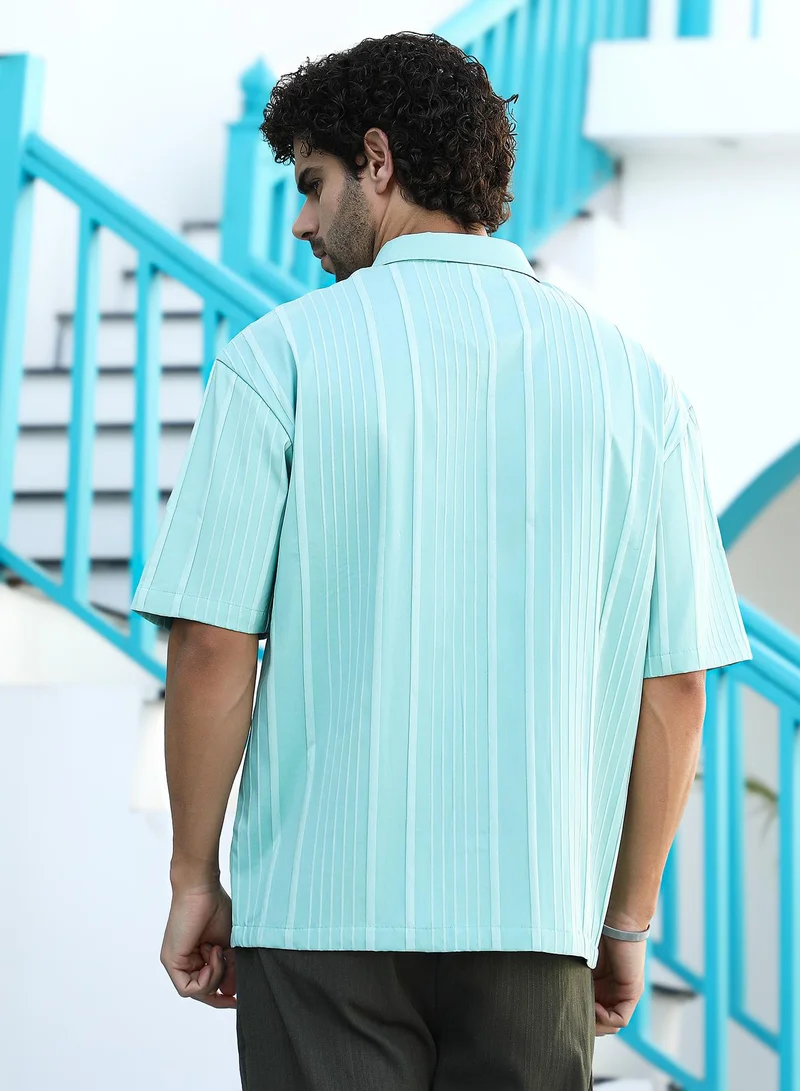 Campus Sutra Men's Aqua Green Unbalanced-Ridge Oversized Shirt