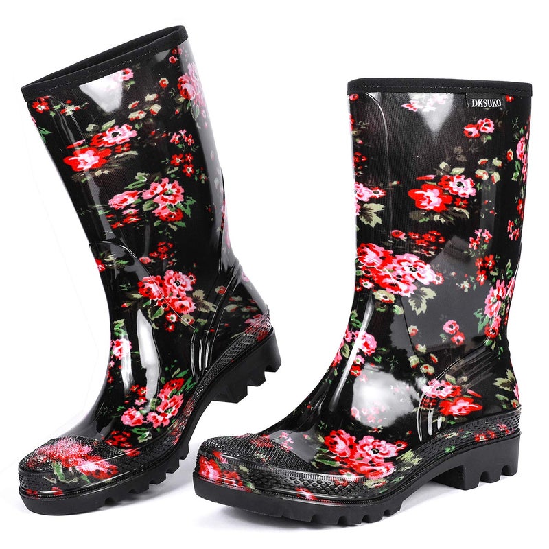 DKSUKO Rain Boots for Women Waterproof Insulated Rubber Garden Boots Wide Calf for Outdoor Gardening Rainy Days & Yard Work(Flower,8) - Image 1