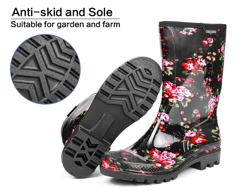 DKSUKO Rain Boots for Women Waterproof Insulated Rubber Garden Boots Wide Calf for Outdoor Gardening Rainy Days & Yard Work(Flower,8) - Image 4