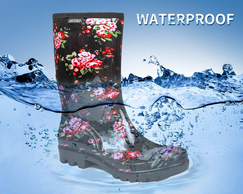 DKSUKO Rain Boots for Women Waterproof Insulated Rubber Garden Boots Wide Calf for Outdoor Gardening Rainy Days & Yard Work(Flower,8) - Image 3