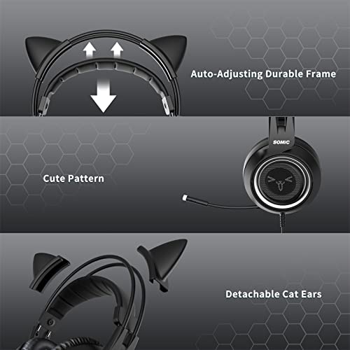 SOMIC Stereo Gaming Headset with Mic for PS4, PS5, Xbox One, PC, Mobile Phone, 3.5MM Sound Detachable Cat Ear Headphones Lightweight Self-Adjusting Over Ear Office Headphones G951S Black - Image 5
