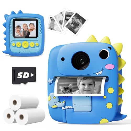Prysyedawn Dinosaur Kids Camera Instant Print with Silicone Case& 3 Rolls Print Paper,1080P Digital Camera Birthday Gifts for Kids Age 3-8, Toddler Portable Travel Toys for 3 4 5 6 7 8 Year Old Girls Boys-Blue - Image 1