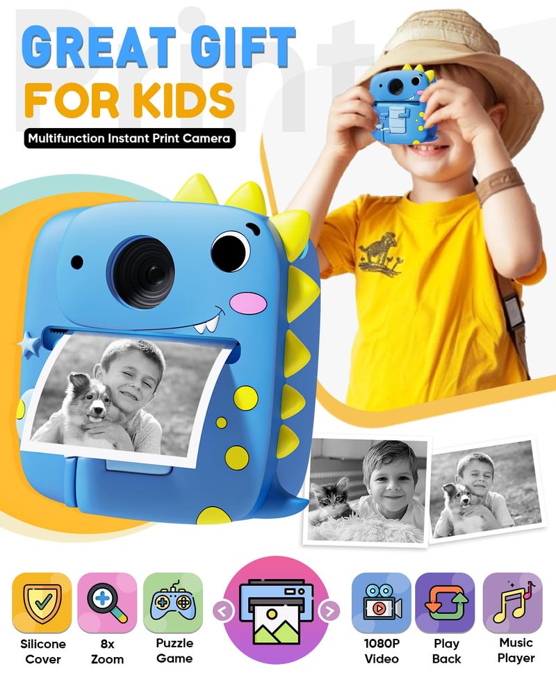 Prysyedawn Dinosaur Kids Camera Instant Print with Silicone Case& 3 Rolls Print Paper,1080P Digital Camera Birthday Gifts for Kids Age 3-8, Toddler Portable Travel Toys for 3 4 5 6 7 8 Year Old Girls Boys-Blue - Image 4