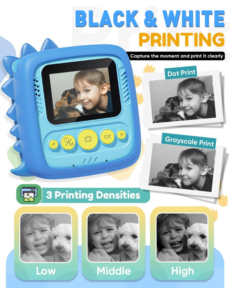 Prysyedawn Dinosaur Kids Camera Instant Print with Silicone Case& 3 Rolls Print Paper,1080P Digital Camera Birthday Gifts for Kids Age 3-8, Toddler Portable Travel Toys for 3 4 5 6 7 8 Year Old Girls Boys-Blue - Image 5