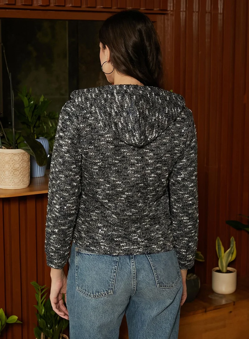 Campus Sutra Women's Charcoal Grey Zip-Front Textured Hoodie
