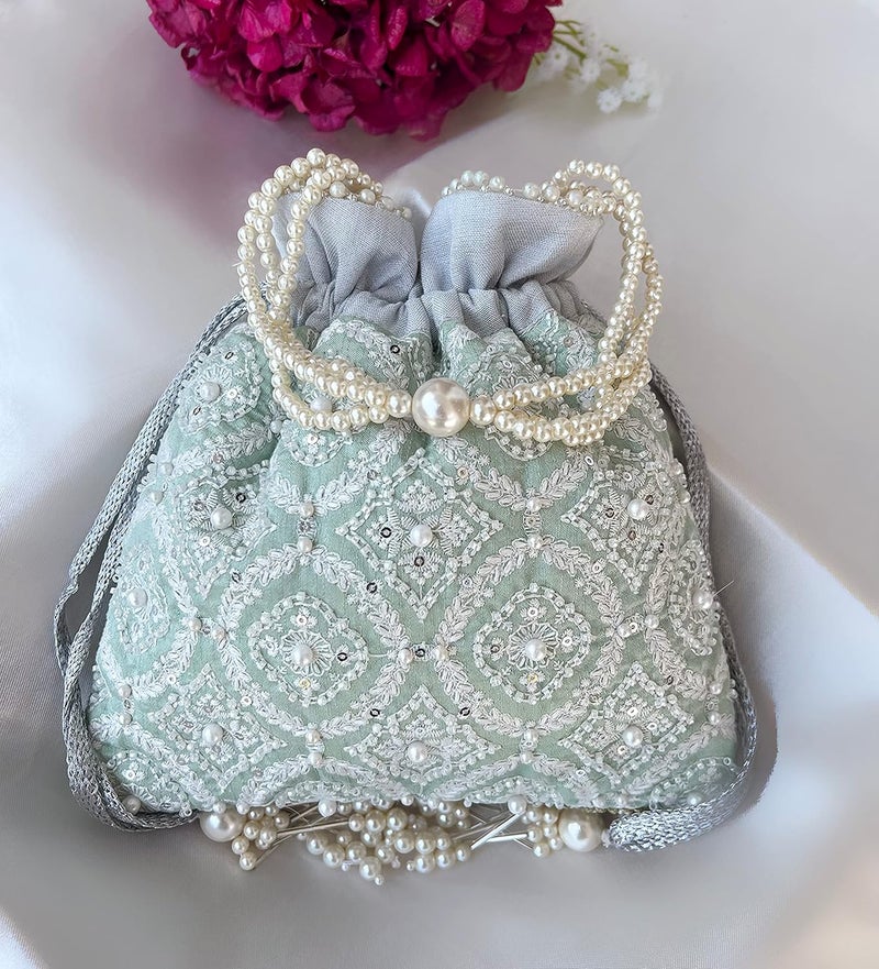 MASQ by Q-One Embroidered Silk Potli Bags - Handcrafted for Weddings, Festive Season & Special Occasions with Beads and Sequins - Made in India - Image 2