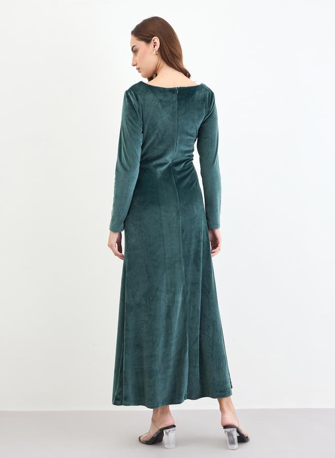 Styli Dark Green Velvet Look A-Line Maxi Dress - Image 5