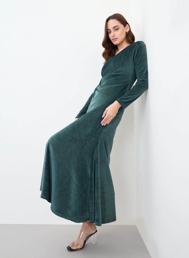 Styli Dark Green Velvet Look A-Line Maxi Dress - Image 1