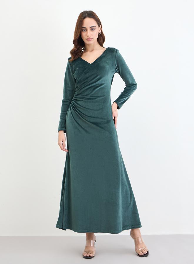Styli Dark Green Velvet Look A-Line Maxi Dress - Image 3