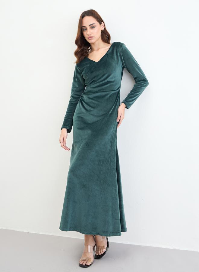 Styli Dark Green Velvet Look A-Line Maxi Dress - Image 2