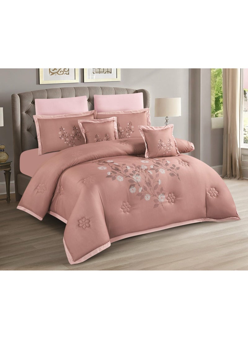 Summer double bed set (one and a half size) with elegant floral embroidery. Soft microfiber, full filling, 5pieces: 1 comforter (170 x 230 cm), 1 fitted sheet (120 x 200 cm), 2 pillowcases (75 x 50 cm), 1 cushion cover (45 x 45 cm).