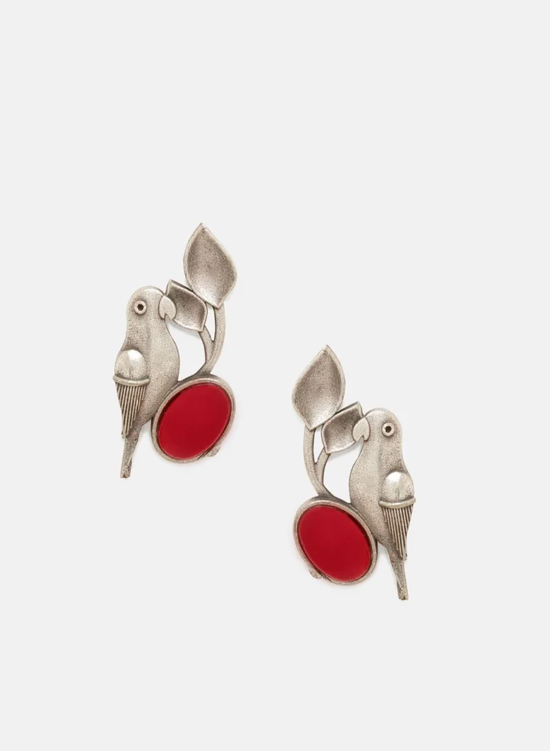 Priyaasi Faux Ruby Studded Oxidized Contemporary Parrot Studs