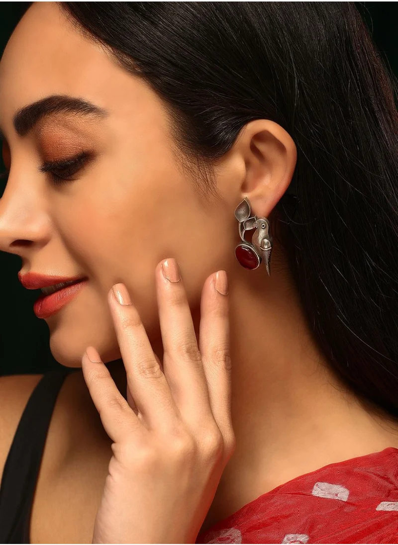 Priyaasi Faux Ruby Studded Oxidized Contemporary Parrot Studs