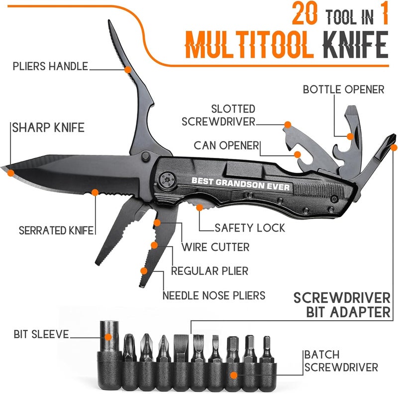 ONEAGE Grandson Gifts from Grandma, Multitool Knife, Grandson Gifts, Grandsons Christmas Practical Gift, Gift for Camping, Hiking, Fishing, 20 in 1 Multitool - Image 2
