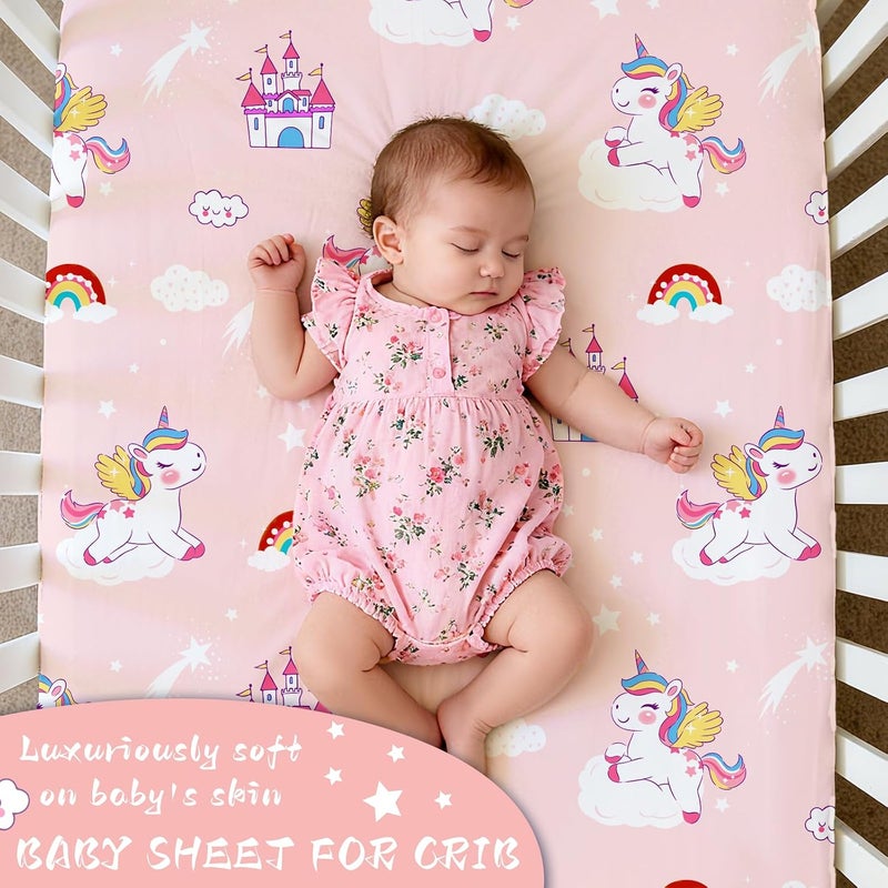Unicorns Fitted Crib Sheets -1 Pack Baby Crib Sheets for Standard Crib and Toddler Mattresses - Pink Castle Unicorns Nursery Bed Sheet Crib Mattress Toddler Sheet for Baby Girls - Image 4
