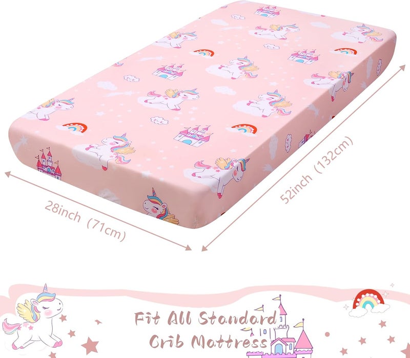 Unicorns Fitted Crib Sheets -1 Pack Baby Crib Sheets for Standard Crib and Toddler Mattresses - Pink Castle Unicorns Nursery Bed Sheet Crib Mattress Toddler Sheet for Baby Girls - Image 3