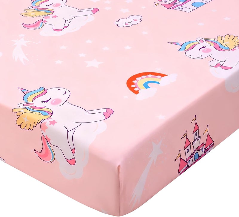 Unicorns Fitted Crib Sheets -1 Pack Baby Crib Sheets for Standard Crib and Toddler Mattresses - Pink Castle Unicorns Nursery Bed Sheet Crib Mattress Toddler Sheet for Baby Girls - Image 1
