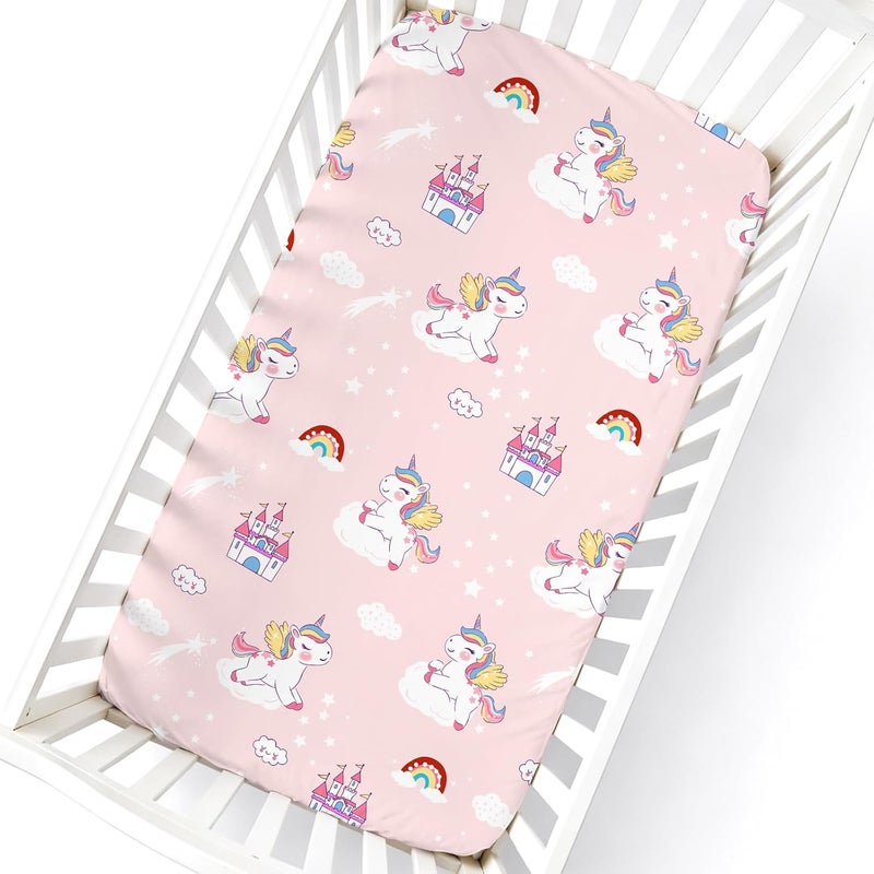 Unicorns Fitted Crib Sheets -1 Pack Baby Crib Sheets for Standard Crib and Toddler Mattresses - Pink Castle Unicorns Nursery Bed Sheet Crib Mattress Toddler Sheet for Baby Girls - Image 2