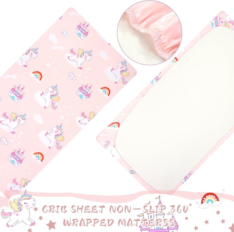 Unicorns Fitted Crib Sheets -1 Pack Baby Crib Sheets for Standard Crib and Toddler Mattresses - Pink Castle Unicorns Nursery Bed Sheet Crib Mattress Toddler Sheet for Baby Girls - Image 5
