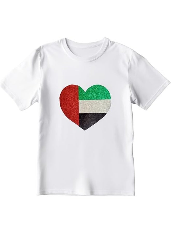 داديز أنجل تي شيرت أطفال لليوم الوطني لدولة الإمارات العربية المتحدة - تي شيرت قطني أبيض مع تصميم قلب لامع لعلم الإمارات العربية المتحدة للأولاد والبنات - Image 1