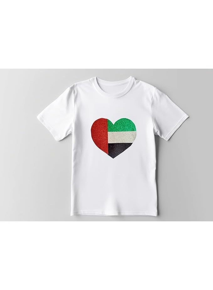 داديز أنجل تي شيرت أطفال لليوم الوطني لدولة الإمارات العربية المتحدة - تي شيرت قطني أبيض مع تصميم قلب لامع لعلم الإمارات العربية المتحدة للأولاد والبنات - Image 4