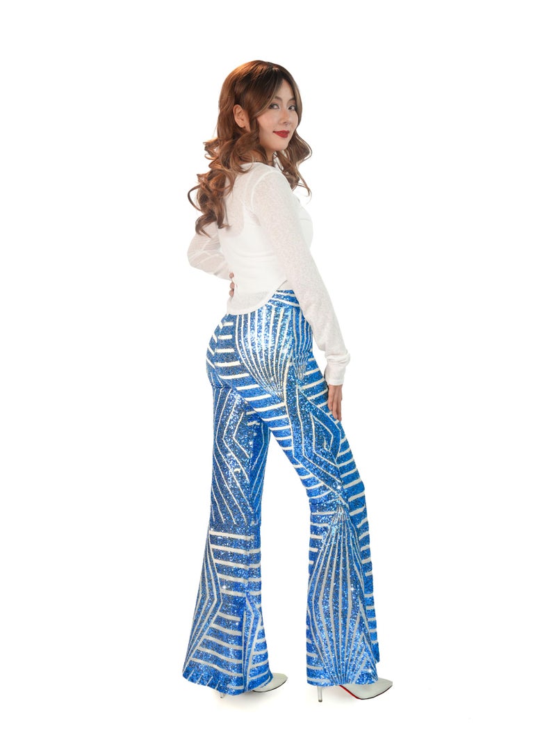 Nawgut Sequin Flare Pants Sparkly Glitter High Waisted Bell Bottom Trousers Disco Party Clubwear for Women-Small Light Blue - Image 2