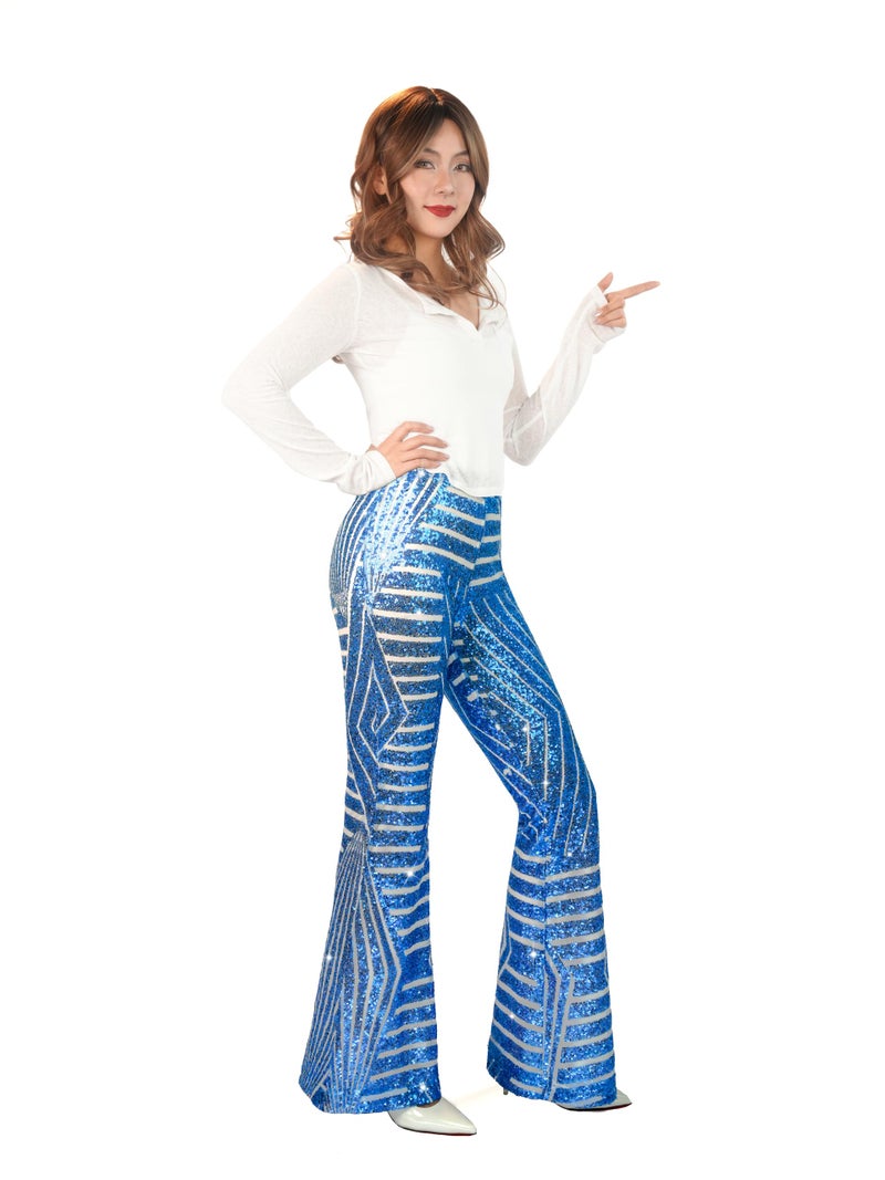 Nawgut Sequin Flare Pants Sparkly Glitter High Waisted Bell Bottom Trousers Disco Party Clubwear for Women-Small Light Blue - Image 4