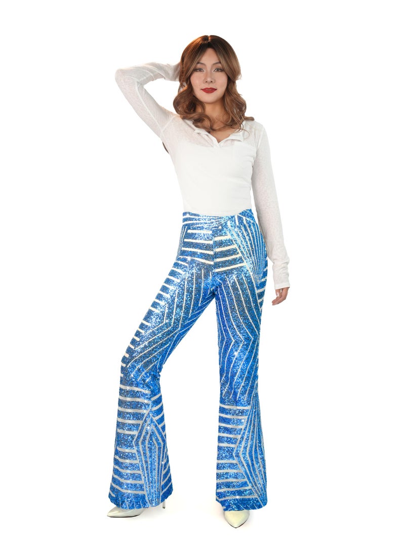 Nawgut Sequin Flare Pants Sparkly Glitter High Waisted Bell Bottom Trousers Disco Party Clubwear for Women-Small Light Blue - Image 3